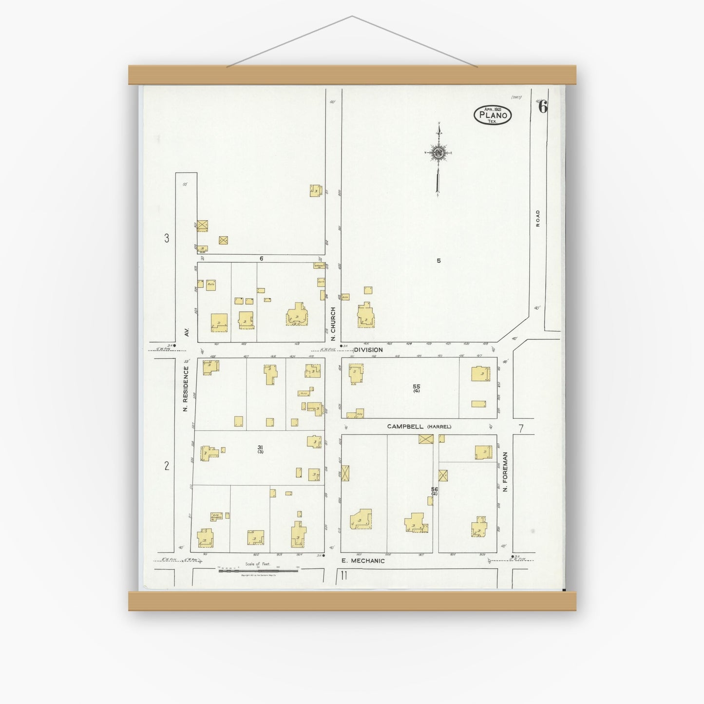 Old map wall art mockup — magnetic wood frame on white wall — Sanborn Fire Insurance Map from Plano, Collin County, Texas (1921), Sheet #0006