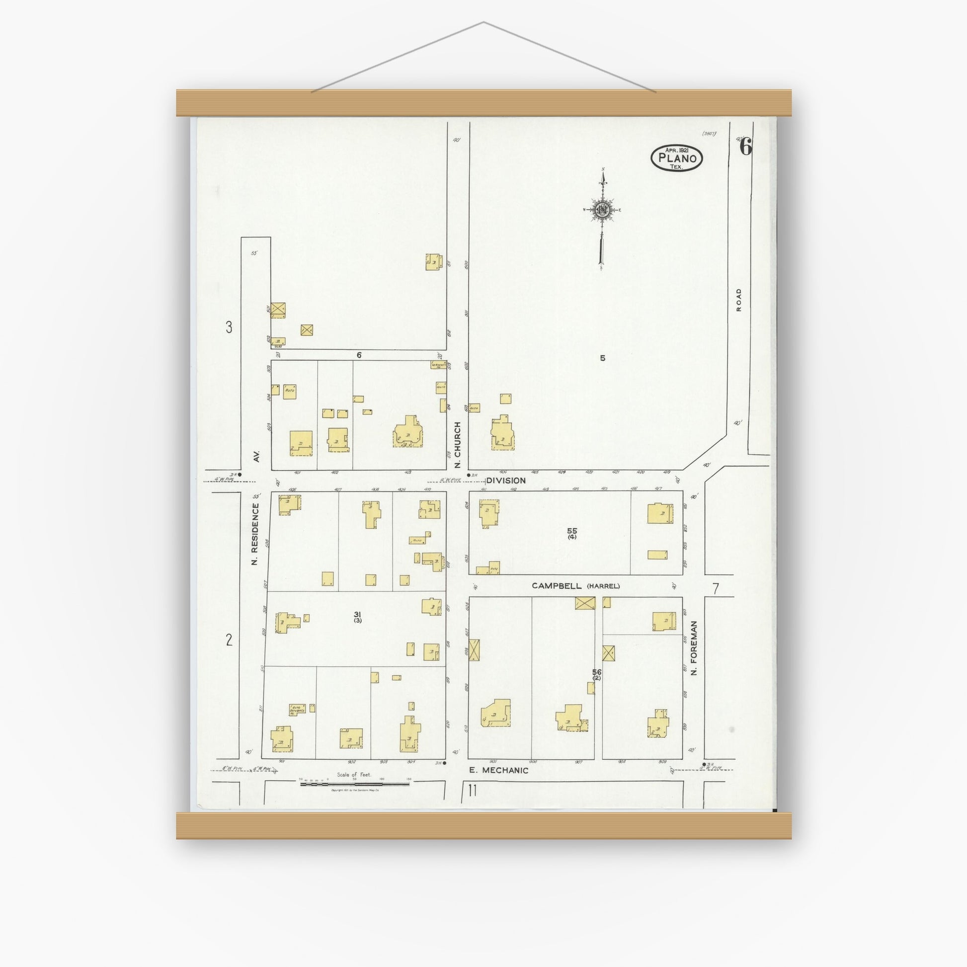 Old map wall art mockup — magnetic wood frame on white wall — Sanborn Fire Insurance Map from Plano, Collin County, Texas (1921), Sheet #0006