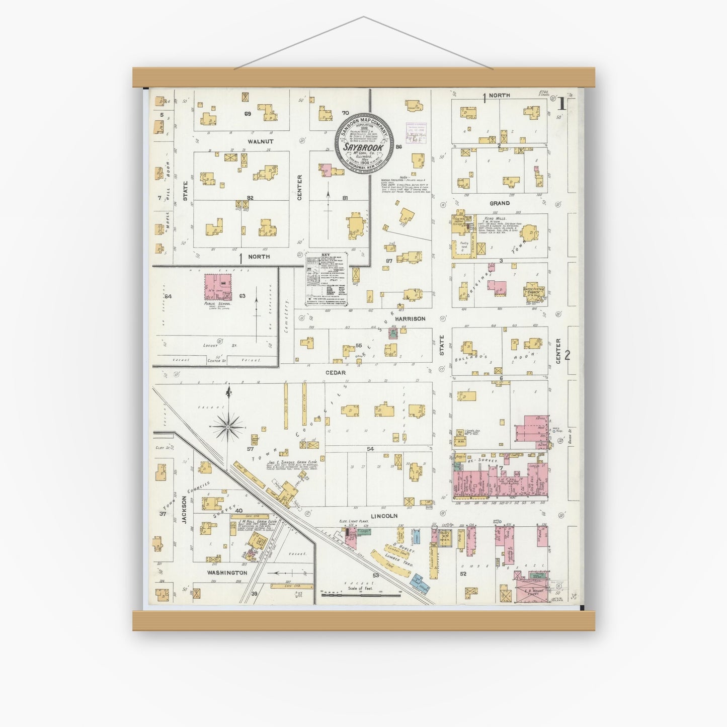 Old map wall art mockup — magnetic wood frame on white wall — Sanborn Fire Insurance Map from Saybrook, McLean County, Illinois (1906) - Complete Map Set