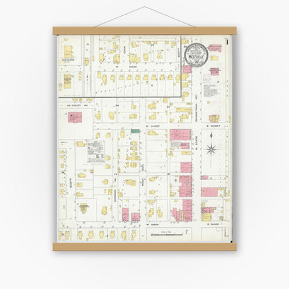 Old map wall art mockup — magnetic wood frame on white wall — Sanborn Fire Insurance Map from Westville, Vermilion County, Illinois (1909), Sheet #0001