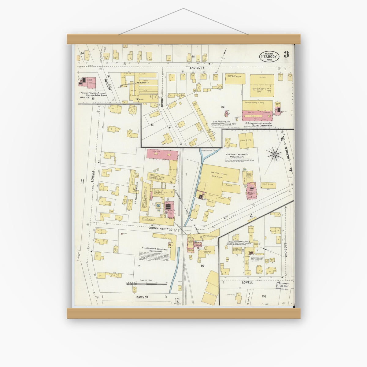 Old map wall art mockup — magnetic wood frame on white wall — Sanborn Fire Insurance Map from Peabody, Essex County, Massachusetts (1903), Sheet #0003
