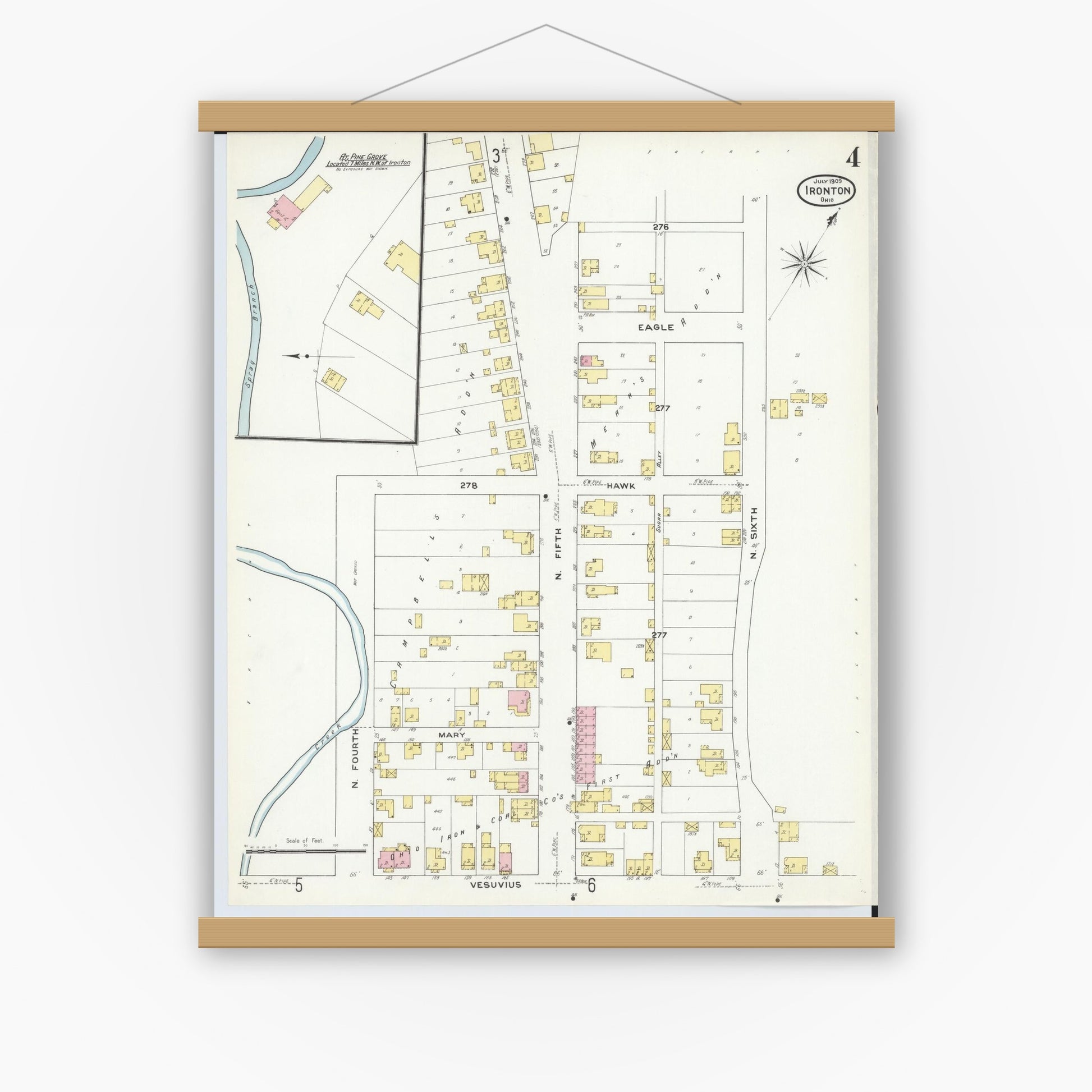 Old map wall art mockup — magnetic wood frame on white wall — Sanborn Fire Insurance Map from Ironton, Lawrence County, Ohio (1909), Sheet #0004