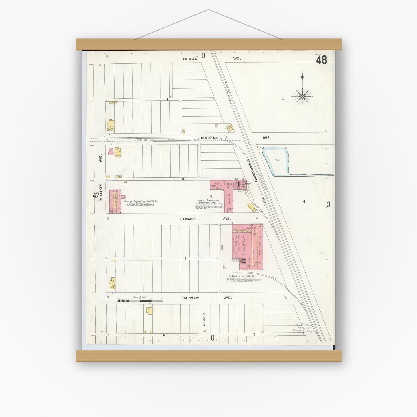 Old map wall art mockup — magnetic wood frame on white wall — Sanborn Fire Insurance Map from Hamilton, Butler County, Ohio (1899), Sheet #0048