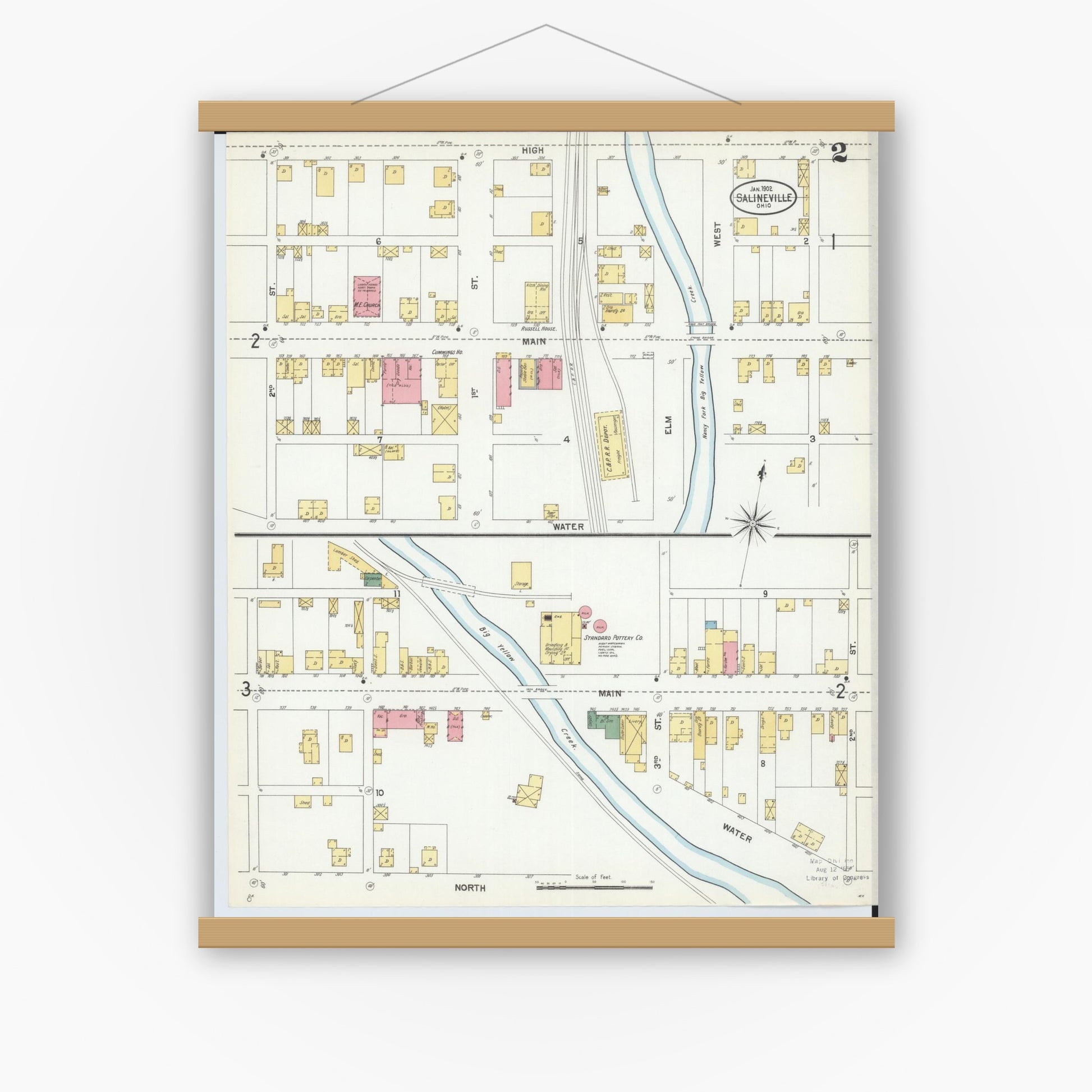 Old map wall art mockup — magnetic wood frame on white wall — Sanborn Fire Insurance Map from Salineville, Columbiana County, Ohio (1902), Sheet #0002