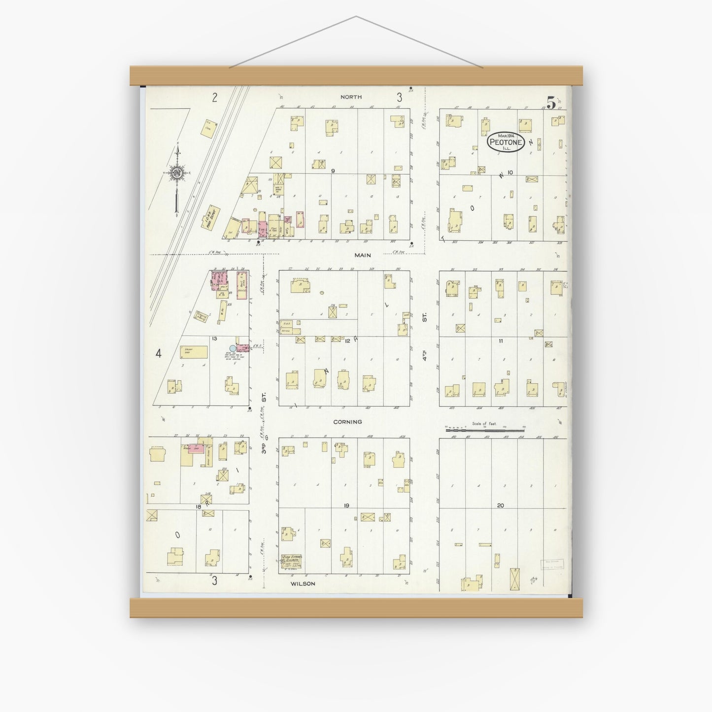 Old map wall art mockup — magnetic wood frame on white wall — Sanborn Fire Insurance Map from Peotone, Will County, Illinois (1914), Sheet #0005