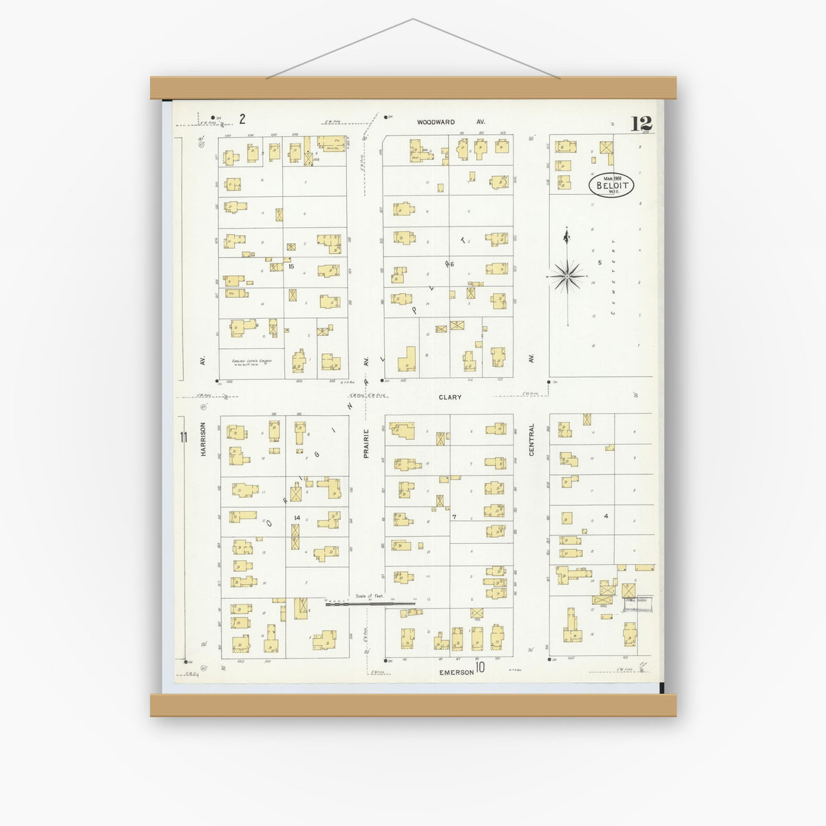 Old map wall art mockup — magnetic wood frame on white wall — Sanborn Fire Insurance Map from Beloit, Rock County, Wisconsin (1908), Sheet #0012