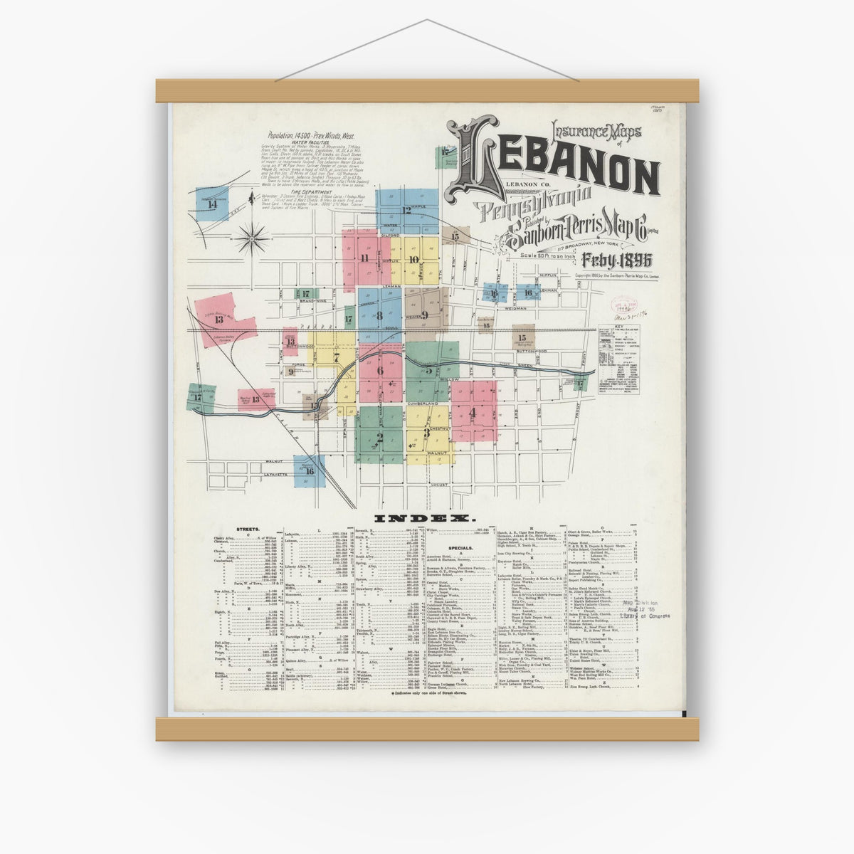 Old map wall art mockup — magnetic wood frame on white wall — Sanborn Fire Insurance Map from Lebanon, Lebanon County, Pennsylvania (1896), Sheet #0001