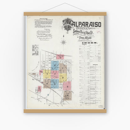 Old map wall art mockup — magnetic wood frame on white wall — Sanborn Fire Insurance Map from Valparaiso, Porter County, Indiana (1892), Sheet #0001