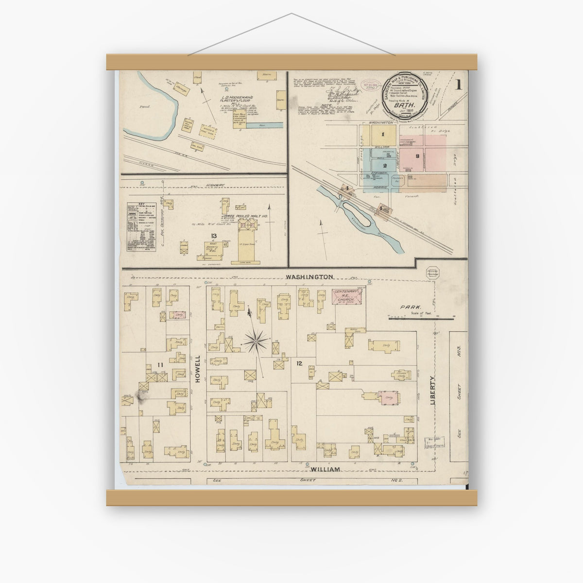 Old map wall art mockup — magnetic wood frame on white wall — Sanborn Fire Insurance Map from Bath, Steuben County, New York (1888) - Complete Map Set