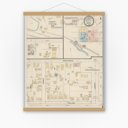Old map wall art mockup — magnetic wood frame on white wall — Sanborn Fire Insurance Map from Bath, Steuben County, New York (1888) - Complete Map Set