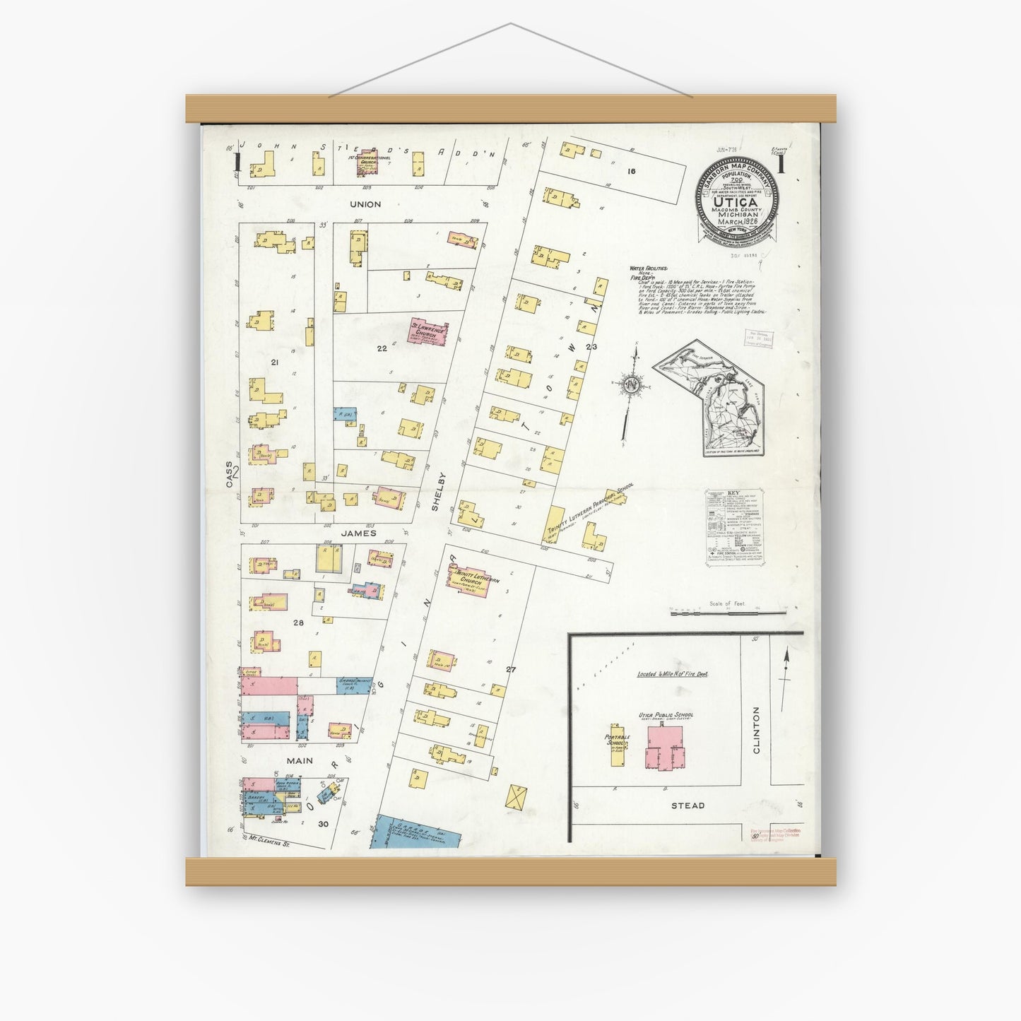 Old map wall art mockup — magnetic wood frame on white wall — Sanborn Fire Insurance Map from Utica, Macomb County, Michigan (1926) - Complete Map Set