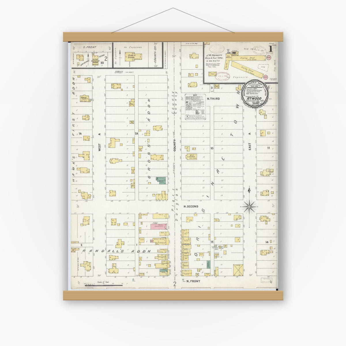 Old map wall art mockup — magnetic wood frame on white wall — Sanborn Fire Insurance Map from Atwood, Douglas And Piatt Counties, Illinois (1899) - Complete Map Set