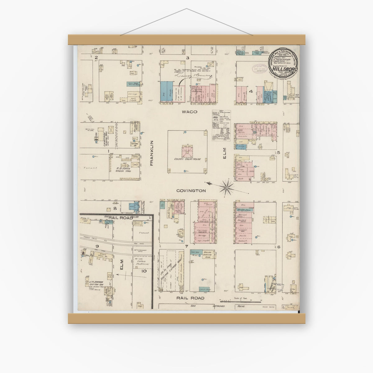 Old map wall art mockup — magnetic wood frame on white wall — Sanborn Fire Insurance Map from Hillsboro, Hill County, Texas (1885), Sheet #0001