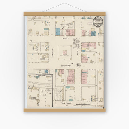 Old map wall art mockup — magnetic wood frame on white wall — Sanborn Fire Insurance Map from Hillsboro, Hill County, Texas (1885), Sheet #0001