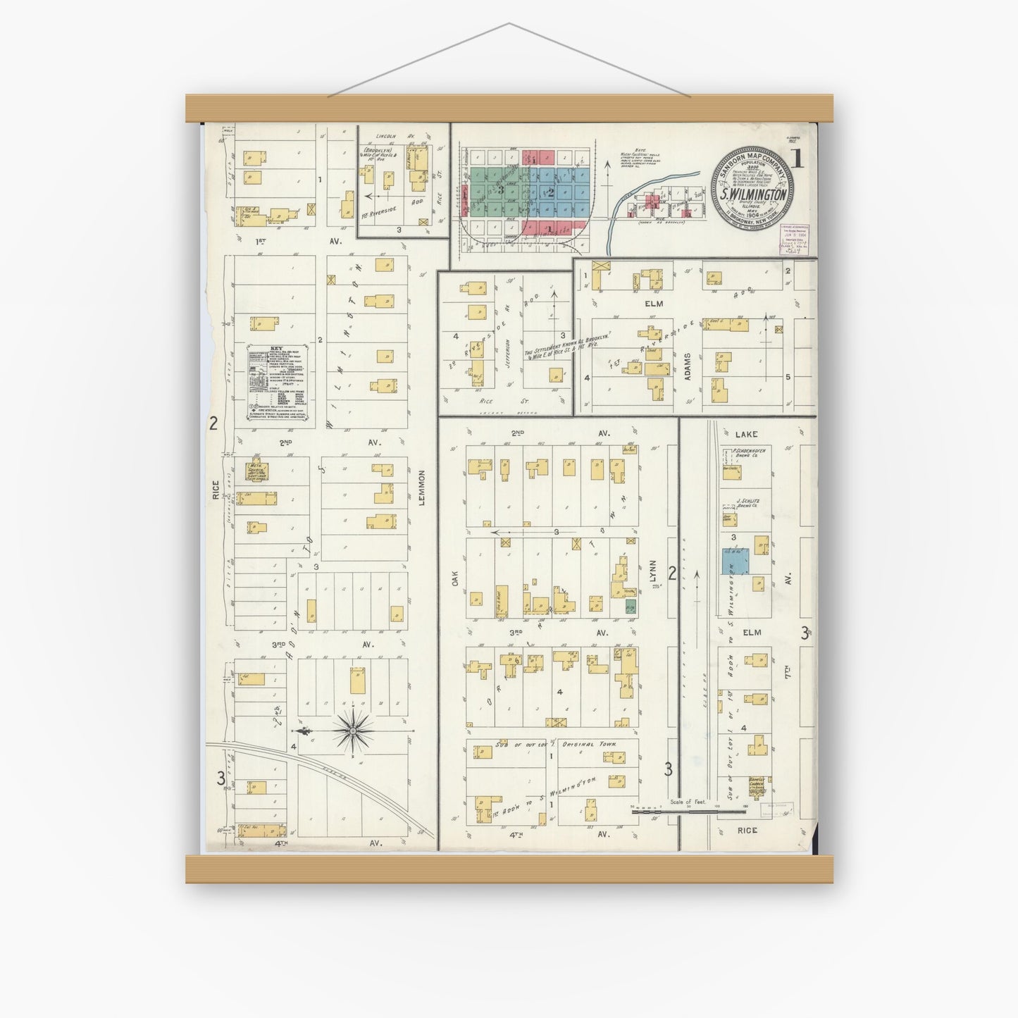 Old map wall art mockup — magnetic wood frame on white wall — Sanborn Fire Insurance Map from South Wilmington, Grundy County, Illinois (1904) - Complete Map Set