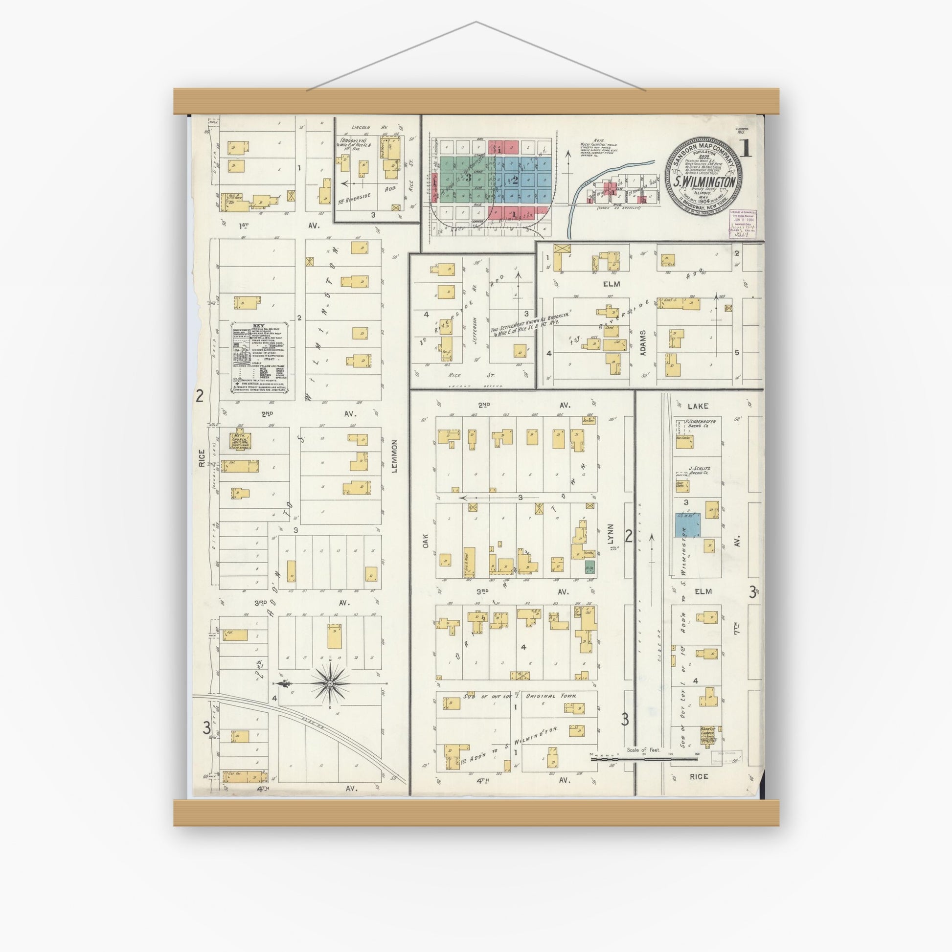 Old map wall art mockup — magnetic wood frame on white wall — Sanborn Fire Insurance Map from South Wilmington, Grundy County, Illinois (1904) - Complete Map Set