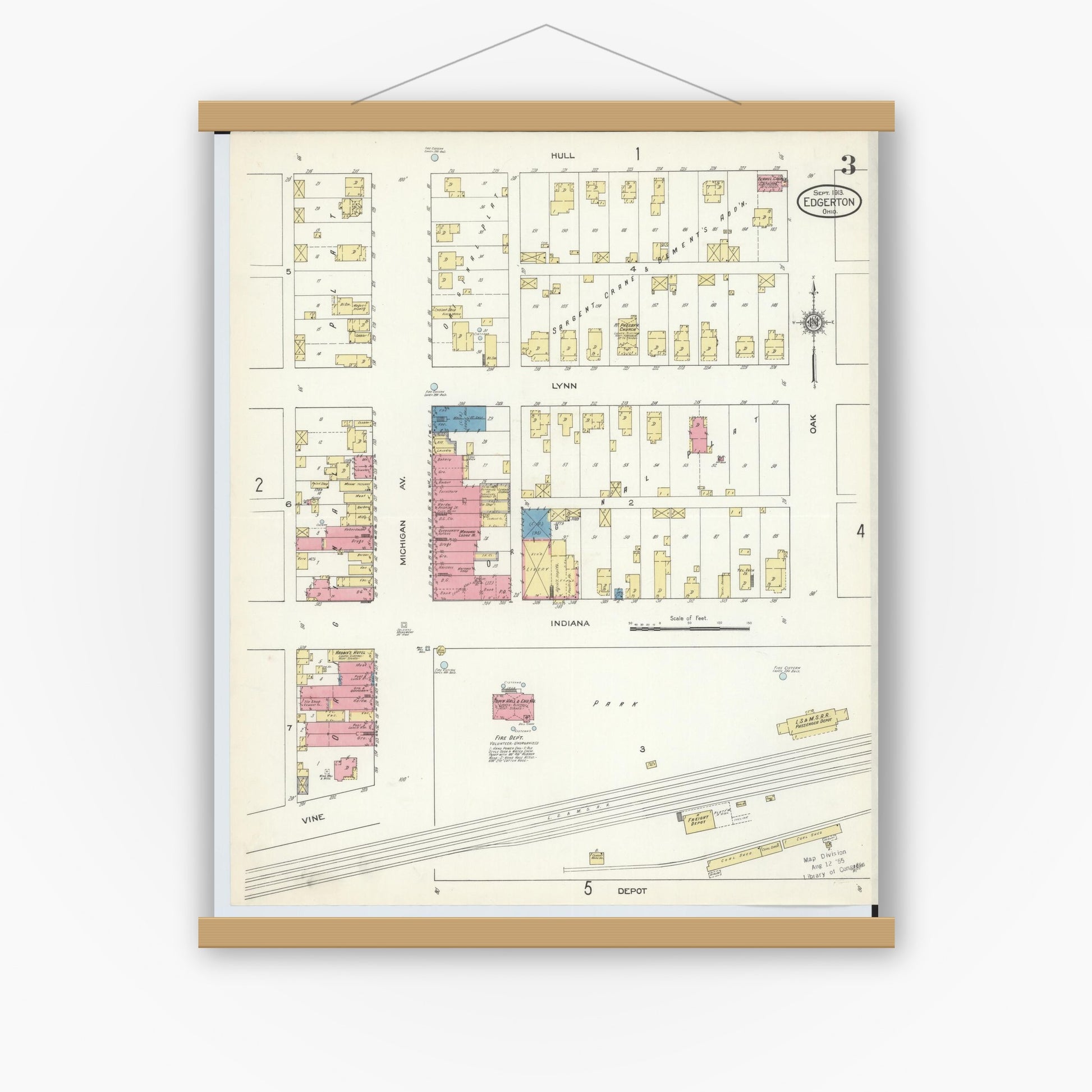 Old map wall art mockup — magnetic wood frame on white wall — Sanborn Fire Insurance Map from Edgerton, Williams County, Ohio (1913), Sheet #0003