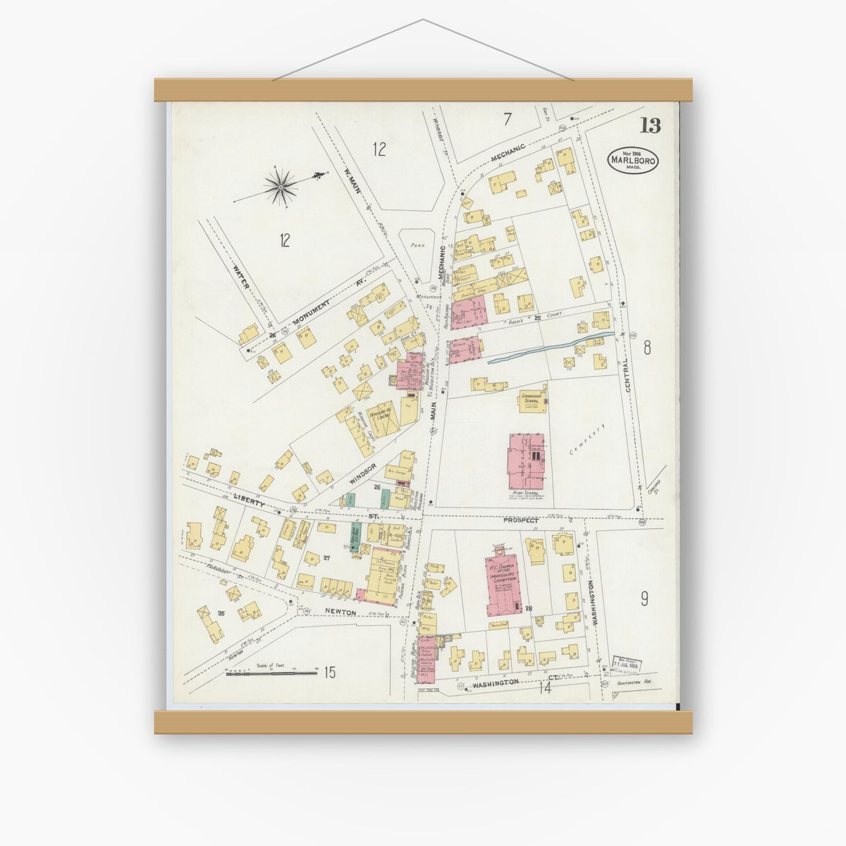 Old map wall art mockup — magnetic wood frame on white wall — Sanborn Fire Insurance Map from Marlborough, Middlesex County, Massachusetts (1906), Sheet #0013