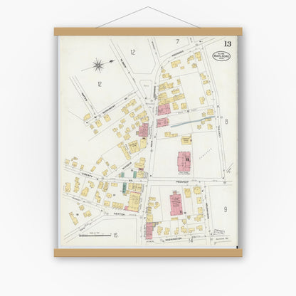 Old map wall art mockup — magnetic wood frame on white wall — Sanborn Fire Insurance Map from Marlborough, Middlesex County, Massachusetts (1906), Sheet #0013