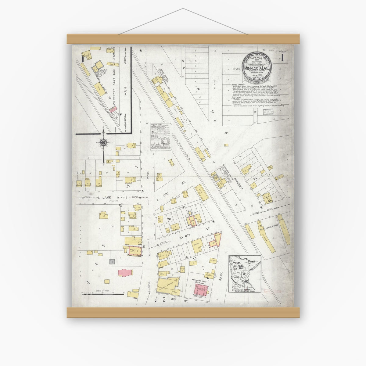 Old map wall art mockup — magnetic wood frame on white wall — Sanborn Fire Insurance Map from Minnesota Lake, Faribault County, Minnesota (1927) - Complete Map Set