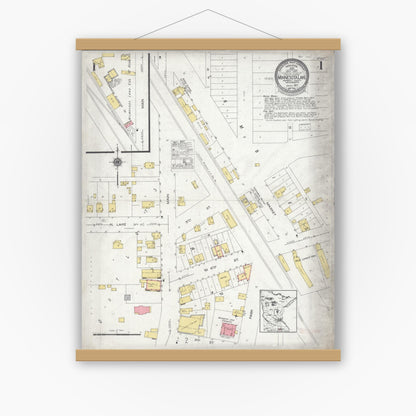 Old map wall art mockup — magnetic wood frame on white wall — Sanborn Fire Insurance Map from Minnesota Lake, Faribault County, Minnesota (1927) - Complete Map Set