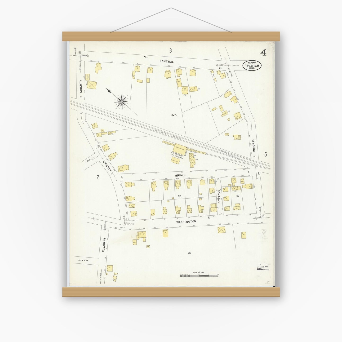 Old map wall art mockup — magnetic wood frame on white wall — Sanborn Fire Insurance Map from Ipswich, Essex County, Massachusetts (1907), Sheet #0004