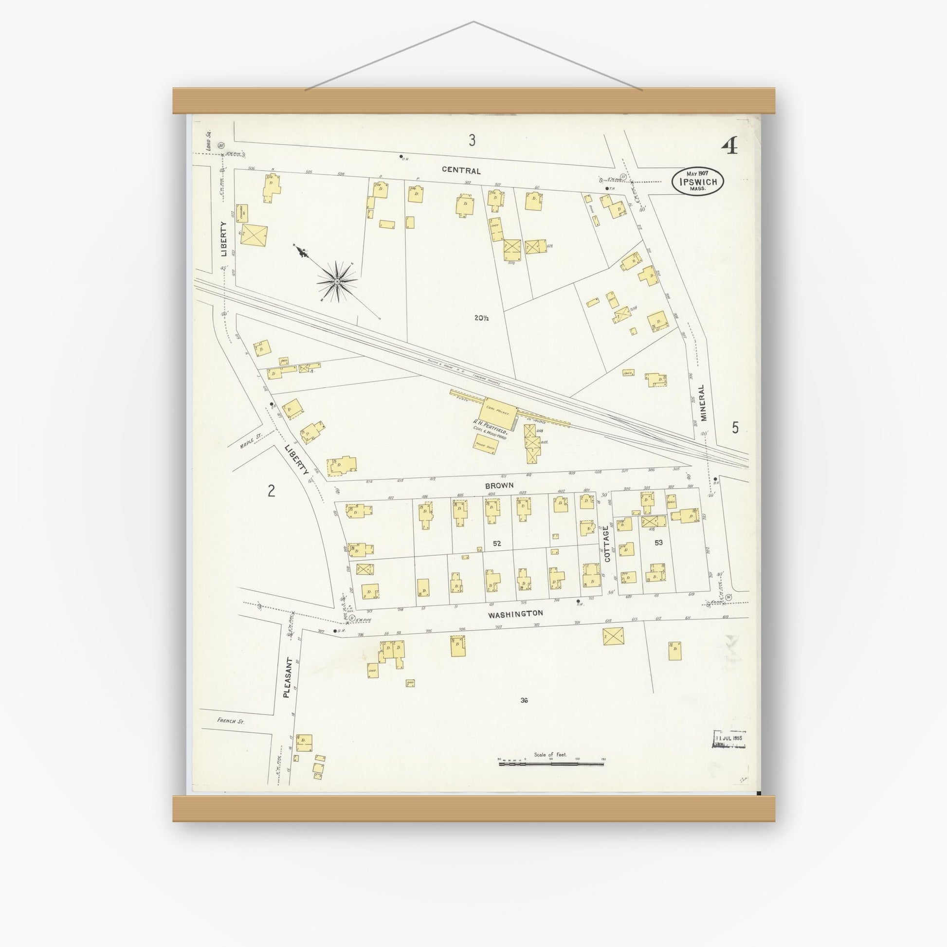 Old map wall art mockup — magnetic wood frame on white wall — Sanborn Fire Insurance Map from Ipswich, Essex County, Massachusetts (1907), Sheet #0004