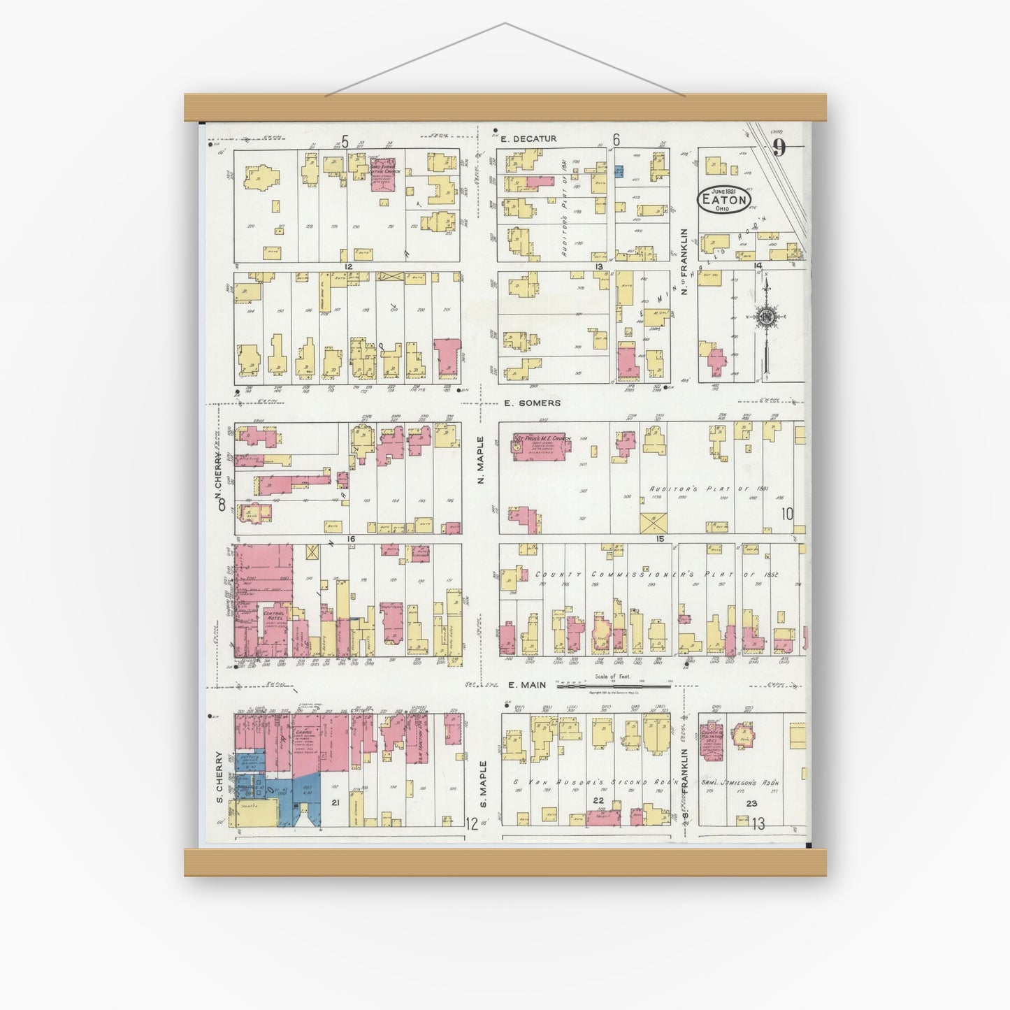 Old map wall art mockup — magnetic wood frame on white wall — Sanborn Fire Insurance Map from Eaton, Preble County, Ohio (1921), Sheet #0009
