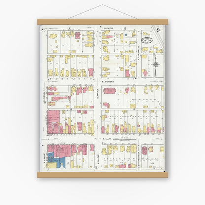 Old map wall art mockup — magnetic wood frame on white wall — Sanborn Fire Insurance Map from Eaton, Preble County, Ohio (1921), Sheet #0009