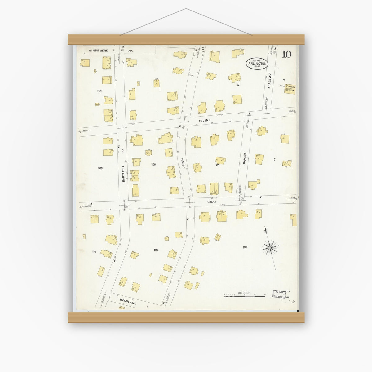 Old map wall art mockup — magnetic wood frame on white wall — Sanborn Fire Insurance Map from Arlington, Middlesex County, Massachusetts (1908), Sheet #0010