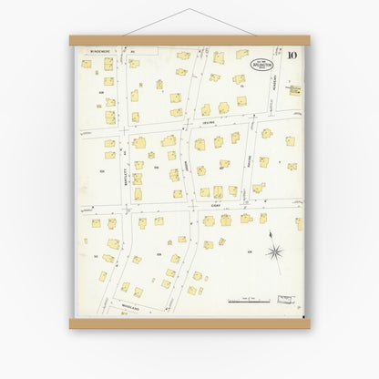 Old map wall art mockup — magnetic wood frame on white wall — Sanborn Fire Insurance Map from Arlington, Middlesex County, Massachusetts (1908), Sheet #0010