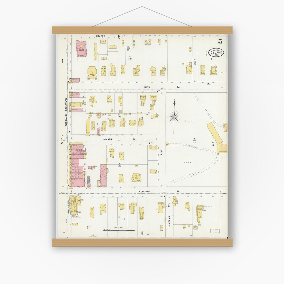 Old map wall art mockup — magnetic wood frame on white wall — Sanborn Fire Insurance Map from De Land, Volusia County, Florida (1903), Sheet #0005