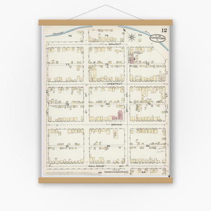 Old map wall art mockup — magnetic wood frame on white wall — Sanborn Fire Insurance Map from Johnstown, Cambria County, Pennsylvania (1886), Sheet #0012