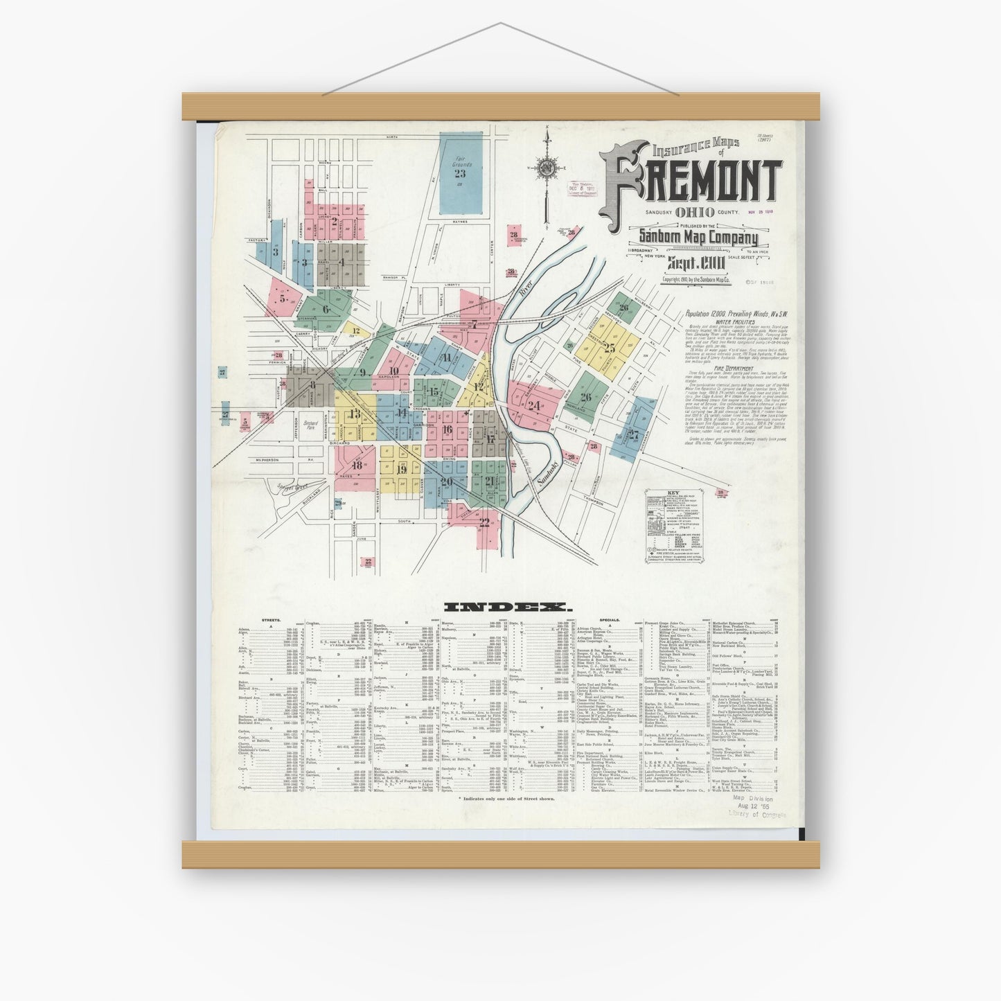 Old map wall art mockup — magnetic wood frame on white wall — Sanborn Fire Insurance Map from Fremont, Sandusky County, Ohio (1910), Sheet #0001