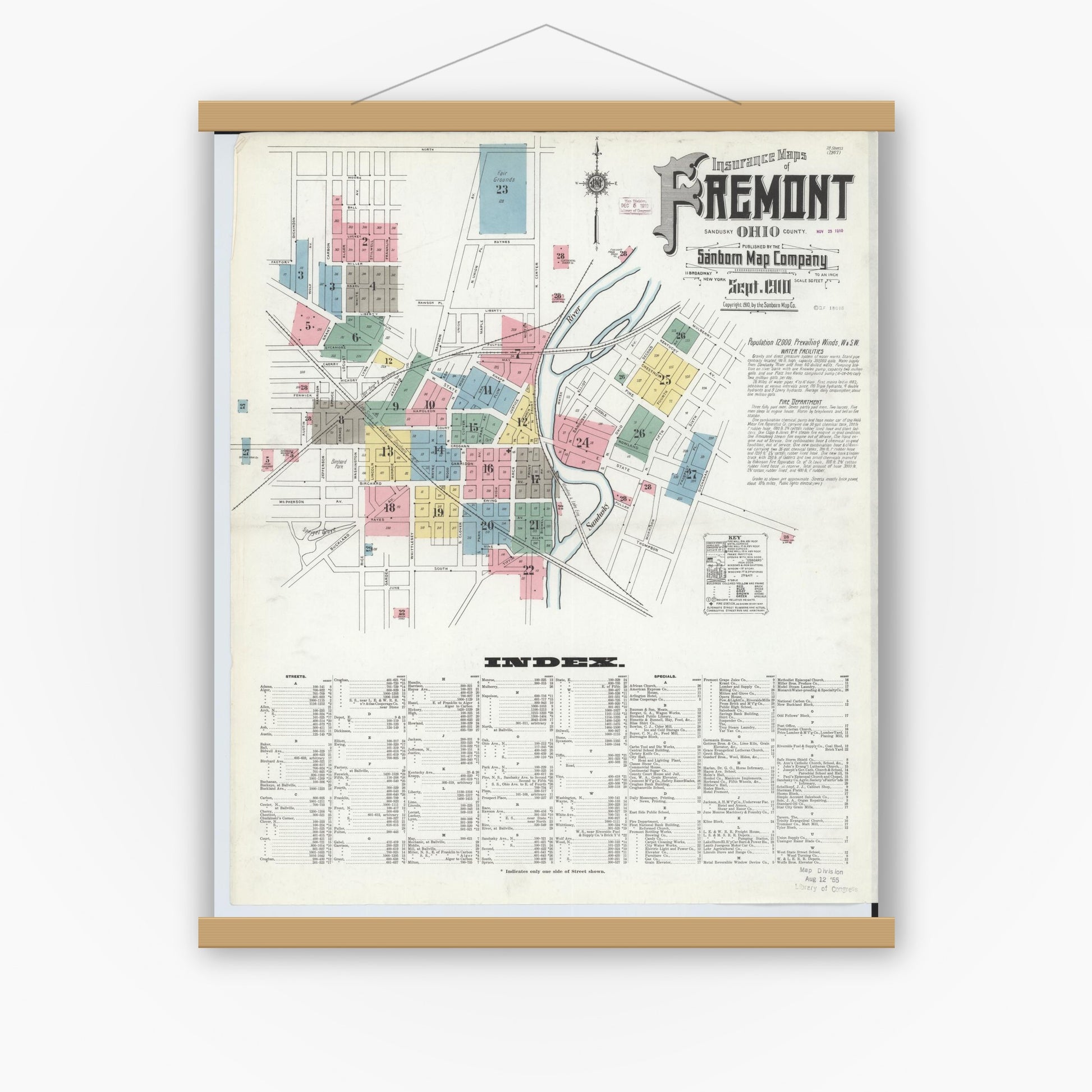 Old map wall art mockup — magnetic wood frame on white wall — Sanborn Fire Insurance Map from Fremont, Sandusky County, Ohio (1910), Sheet #0001