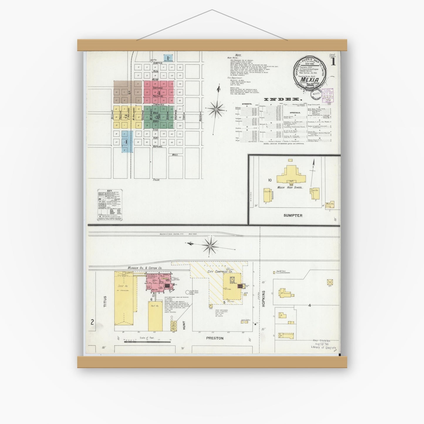 Old map wall art mockup — magnetic wood frame on white wall — Sanborn Fire Insurance Map from Mexia, Limestone County, Texas (1901), Sheet #0001
