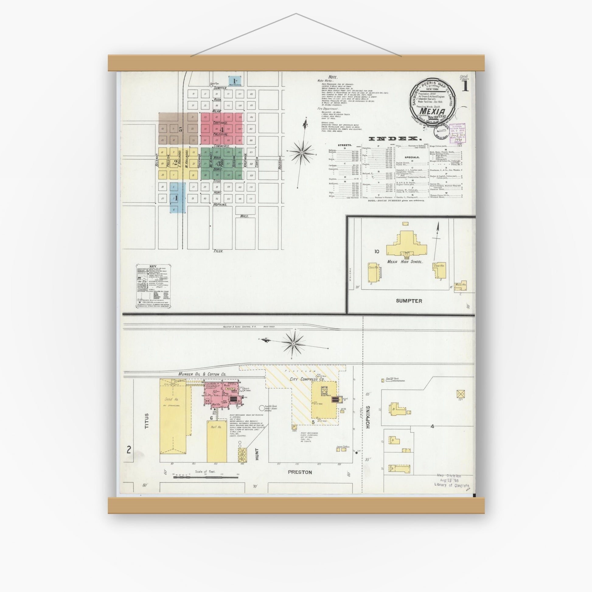 Old map wall art mockup — magnetic wood frame on white wall — Sanborn Fire Insurance Map from Mexia, Limestone County, Texas (1901), Sheet #0001