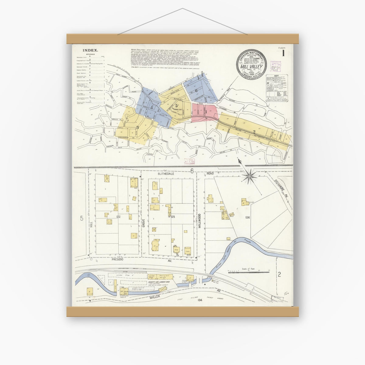 Old map wall art mockup — magnetic wood frame on white wall — Sanborn Fire Insurance Map from Mill Valley, Marin County, California (1908), Sheet #0001