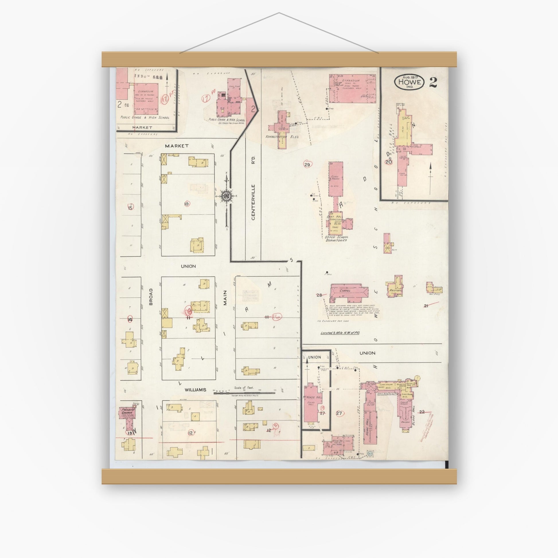 Old map wall art mockup — magnetic wood frame on white wall — Sanborn Fire Insurance Map from Howe, LaGrange County, Indiana (1933), Sheet #0002