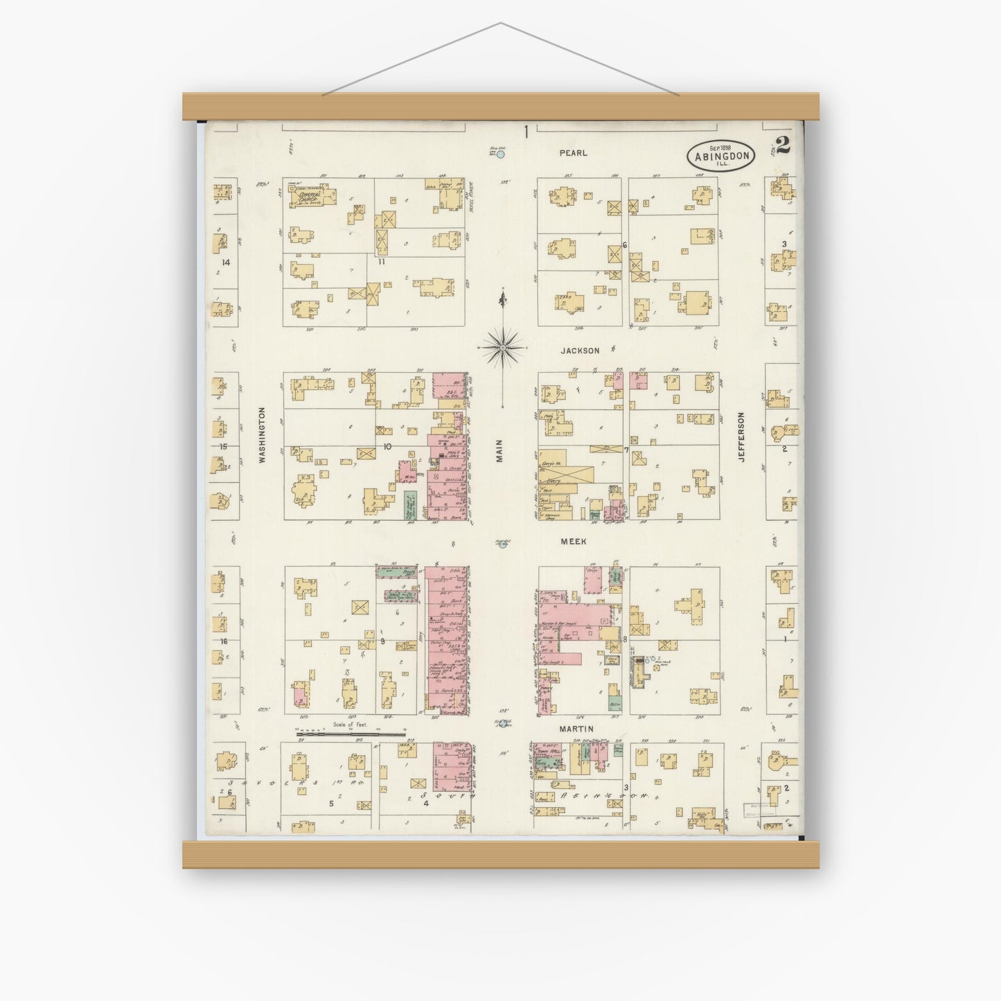 Old map wall art mockup — magnetic wood frame on white wall — Sanborn Fire Insurance Map from Abingdon, Knox County, Illinois (1898), Sheet #0002