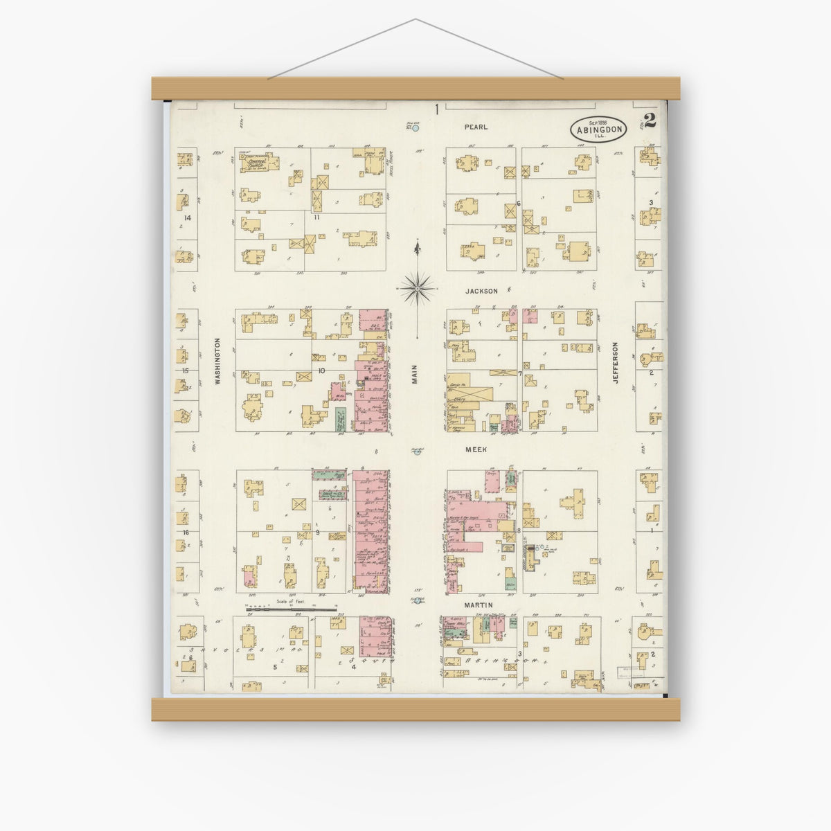 Old map wall art mockup — magnetic wood frame on white wall — Sanborn Fire Insurance Map from Abingdon, Knox County, Illinois (1898), Sheet #0002