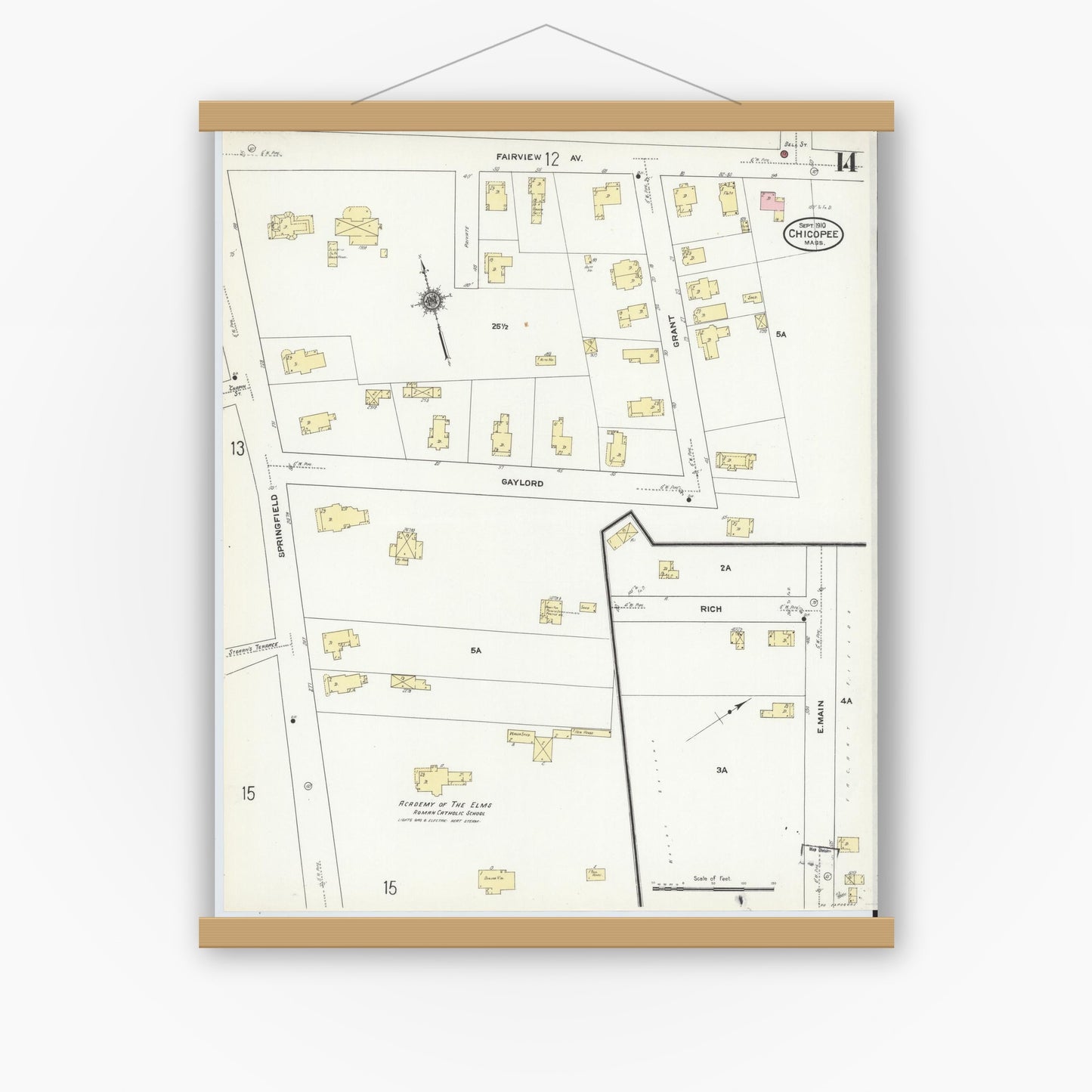 Old map wall art mockup — magnetic wood frame on white wall — Sanborn Fire Insurance Map from Chicopee, Hampden County, Massachusetts (1910), Sheet #0014