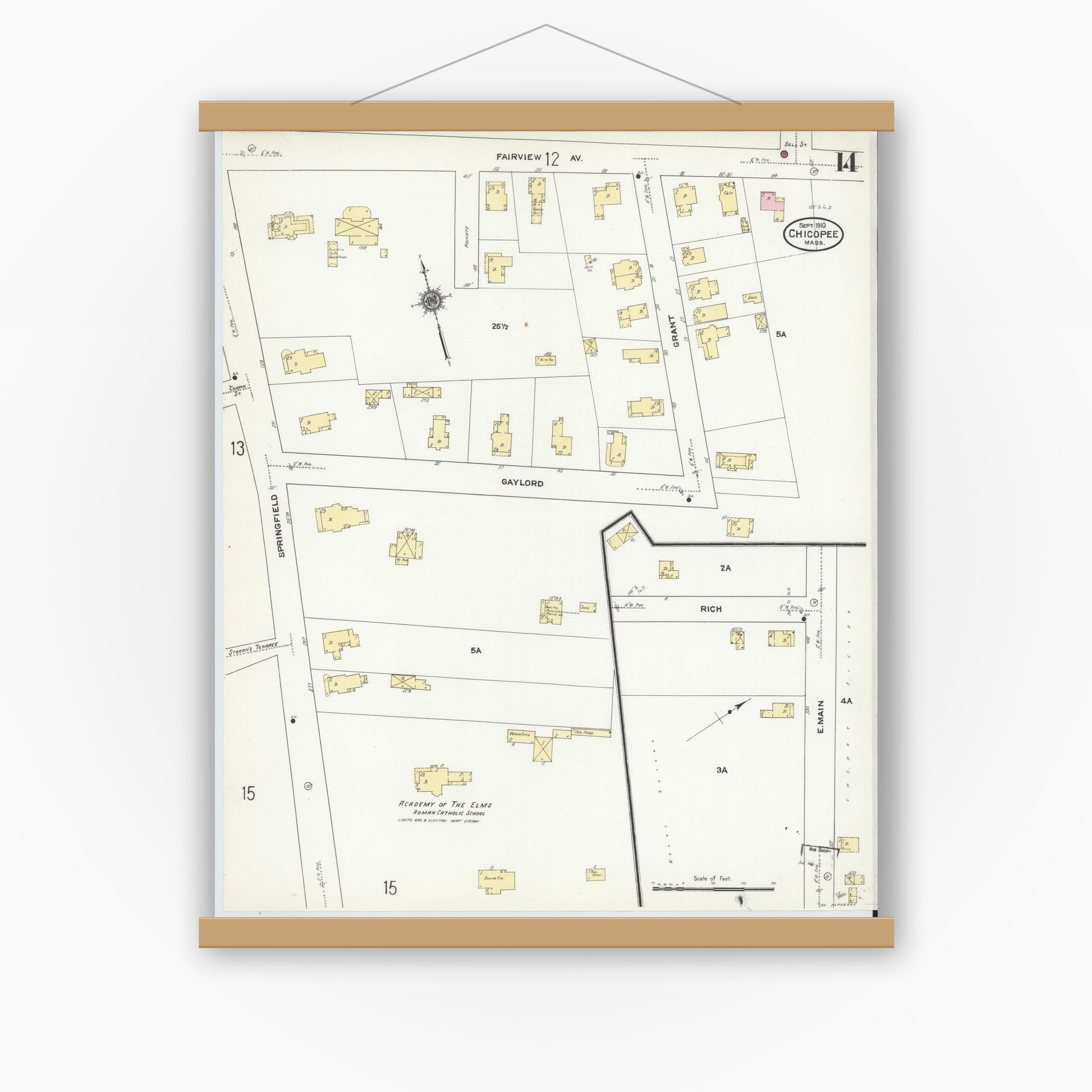 Old map wall art mockup — magnetic wood frame on white wall — Sanborn Fire Insurance Map from Chicopee, Hampden County, Massachusetts (1910), Sheet #0014