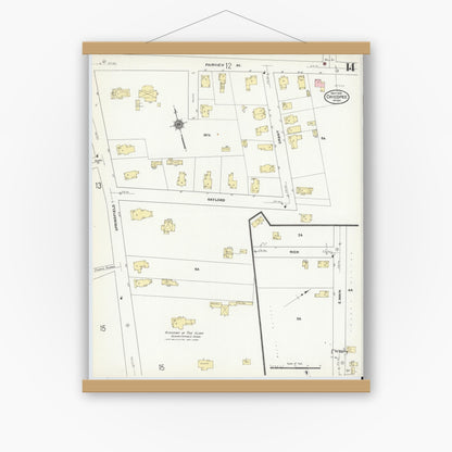 Old map wall art mockup — magnetic wood frame on white wall — Sanborn Fire Insurance Map from Chicopee, Hampden County, Massachusetts (1910), Sheet #0014