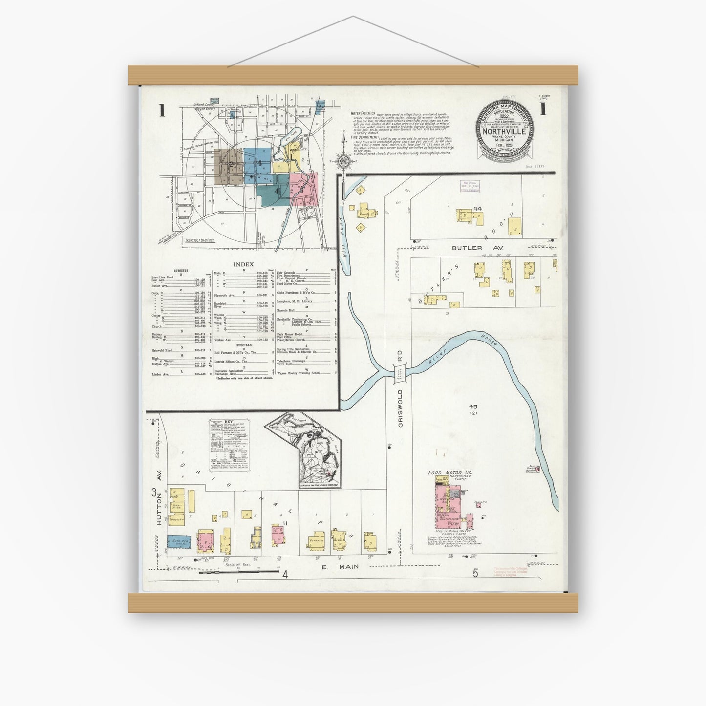 Old map wall art mockup — magnetic wood frame on white wall — Sanborn Fire Insurance Map from Northville, Wayne County, Michigan (1926), Sheet #0001