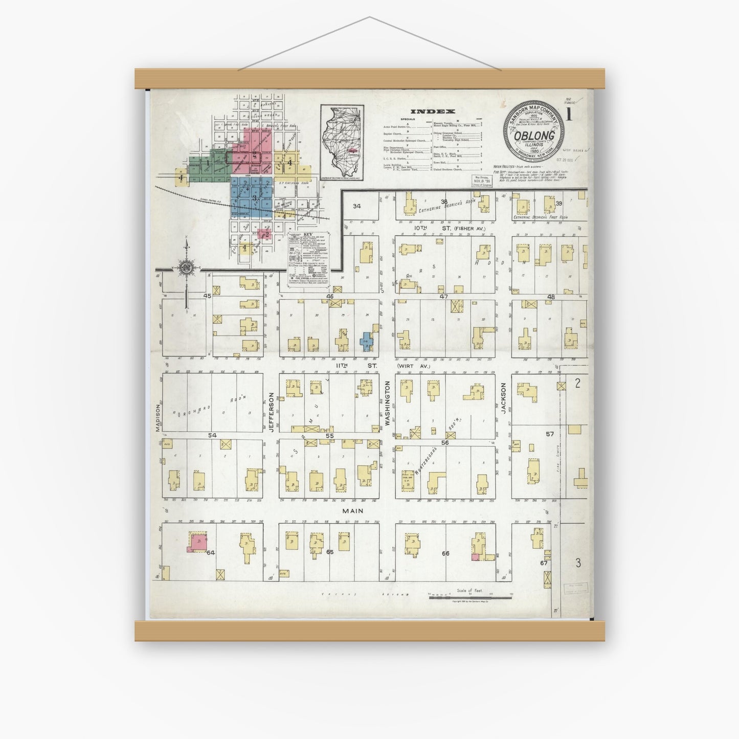 Old map wall art mockup — magnetic wood frame on white wall — Sanborn Fire Insurance Map from Oblong, Crawford County, Illinois (1920) - Complete Map Set