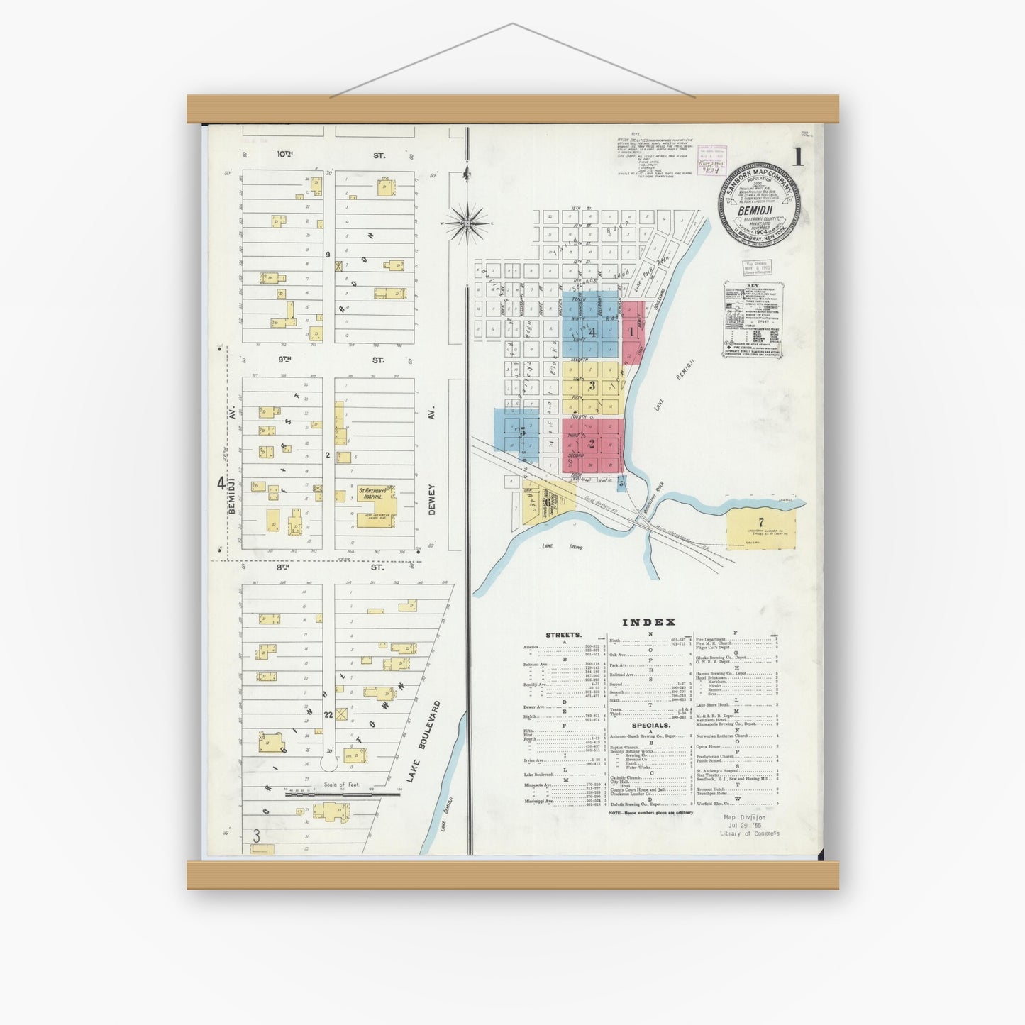 Old map wall art mockup — magnetic wood frame on white wall — Sanborn Fire Insurance Map from Bemidji, Beltrami County, Minnesota (1904) - Complete Map Set