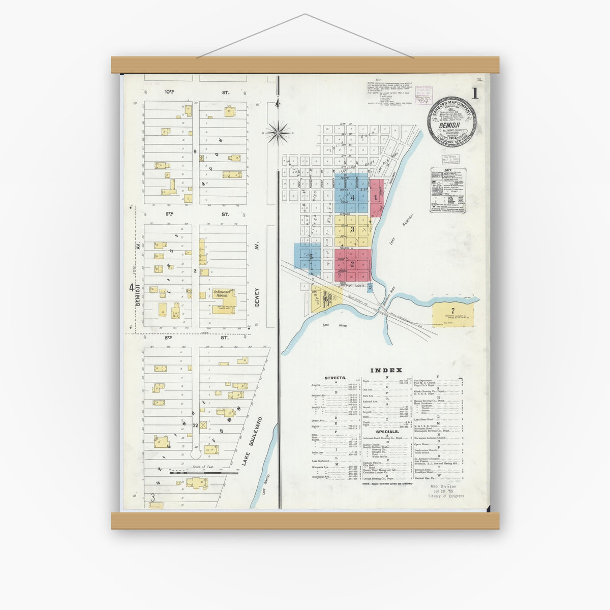Old map wall art mockup — magnetic wood frame on white wall — Sanborn Fire Insurance Map from Bemidji, Beltrami County, Minnesota (1904) - Complete Map Set