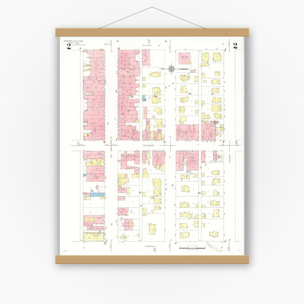 Old map wall art mockup — magnetic wood frame on white wall — Sanborn Fire Insurance Map from Webster City, Hamilton County, Iowa (1938), Sheet #0002