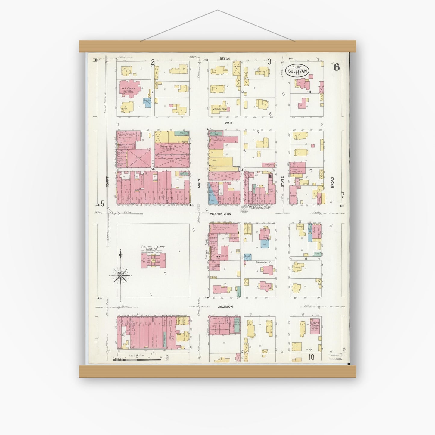 Old map wall art mockup — magnetic wood frame on white wall — Sanborn Fire Insurance Map from Sullivan, Sullivan County, Indiana (1907), Sheet #0006